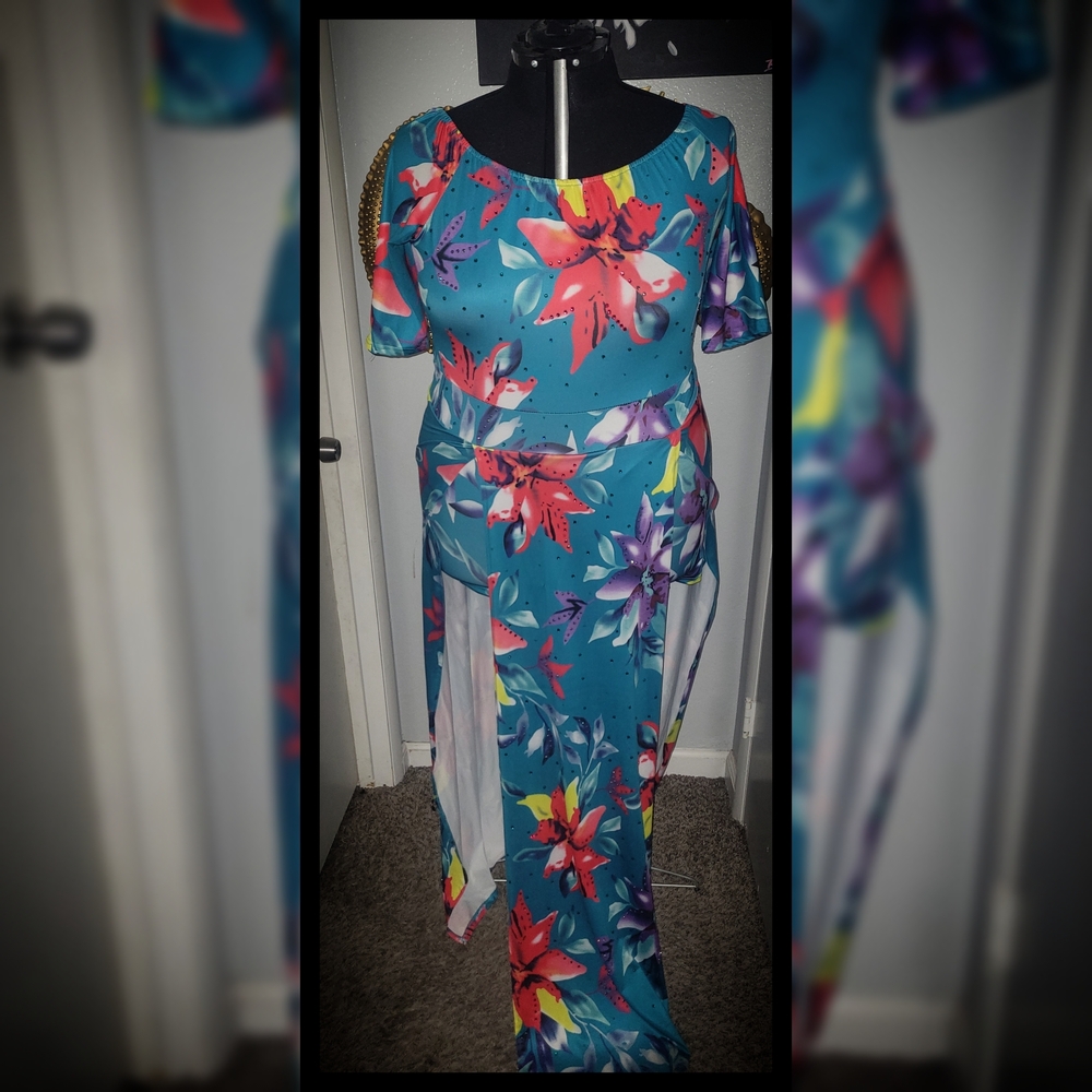 Green and Blue Flutter Sleeve Bodycon Jumpsuit for Resort Wear
